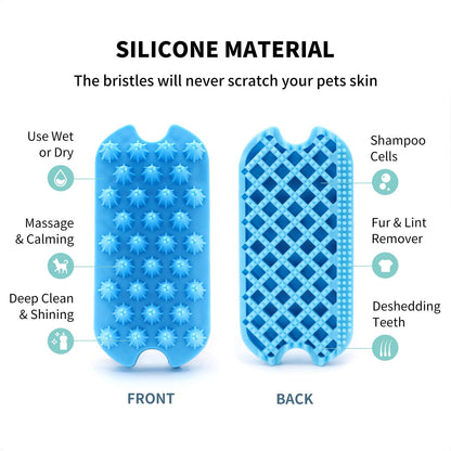 Silicone Dual-Sided Pet Grooming Brush for De-Shedding and Massaging - Suitable for Dogs, Puppies, and Cats (Blue)