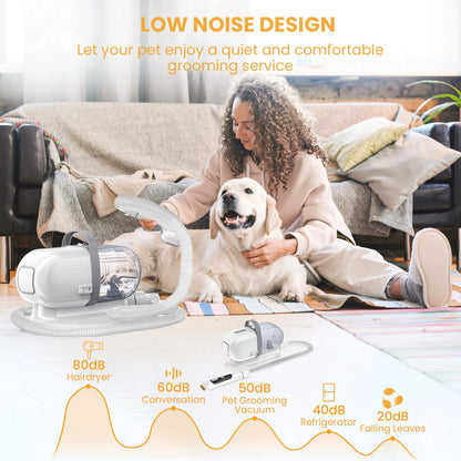 Professional Pet Grooming Vacuum for Dogs and Cats, 13000Pa Suction Power, 5-in-1 Grooming Kit with Low Noise, 2.5L Dust Cup, Wireless Clippers, and Deshedding Brush - At-Home Pet Hair Cleaning Solution