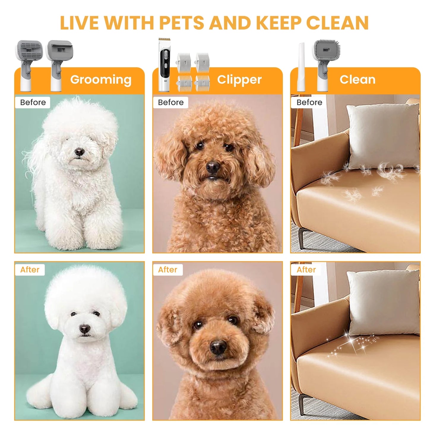 Professional Pet Grooming Vacuum for Dogs and Cats, 13000Pa Suction Power, 5-in-1 Grooming Kit with Low Noise, 2.5L Dust Cup, Wireless Clippers, and Deshedding Brush - At-Home Pet Hair Cleaning Solution