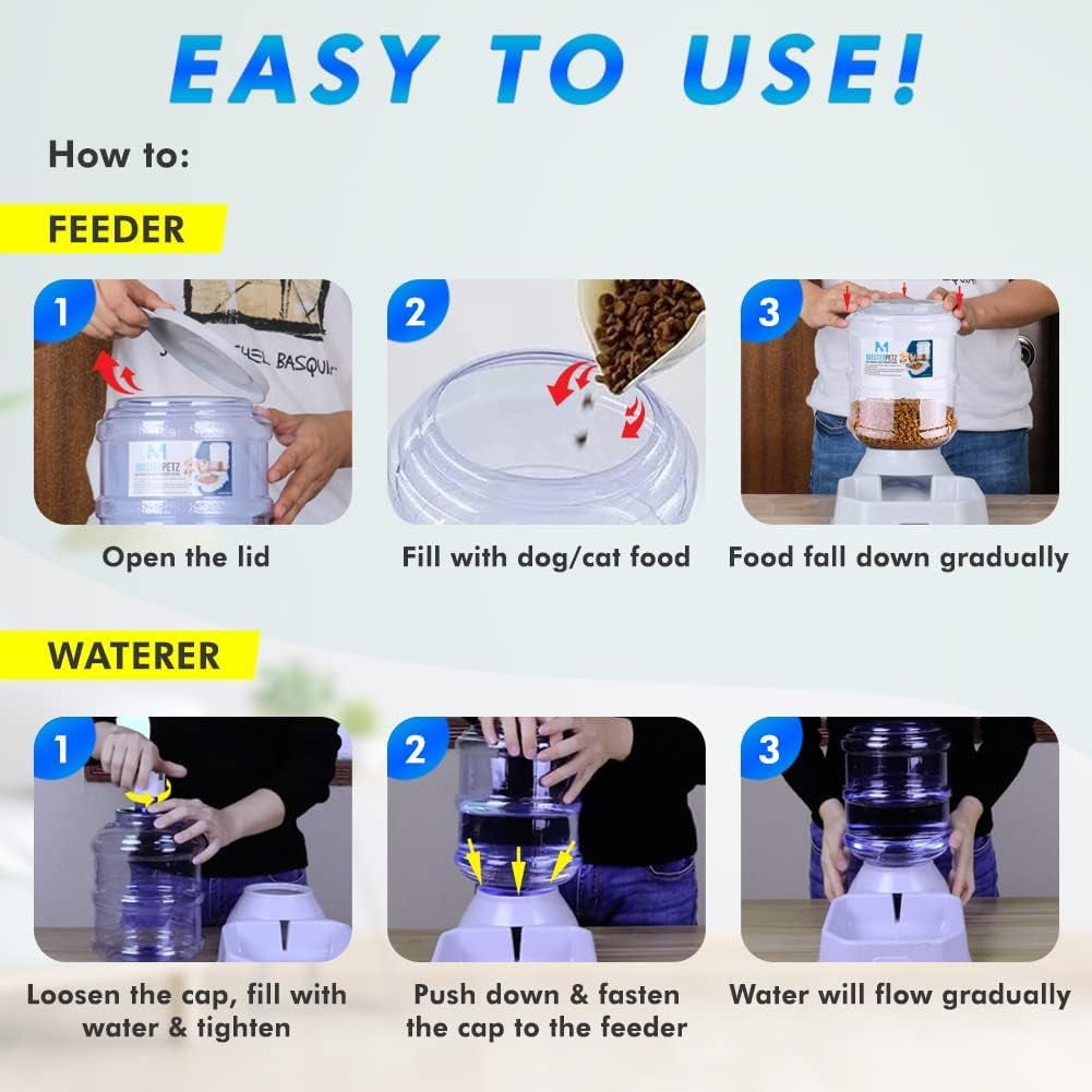 2 Pack Cat Feeder Automatic and Water Dispenser for Dogs Pets, 1 Gallon Gravity Feed Water Bowl Waterer for Small Medium Cats Auto Pet Waterer Replenish